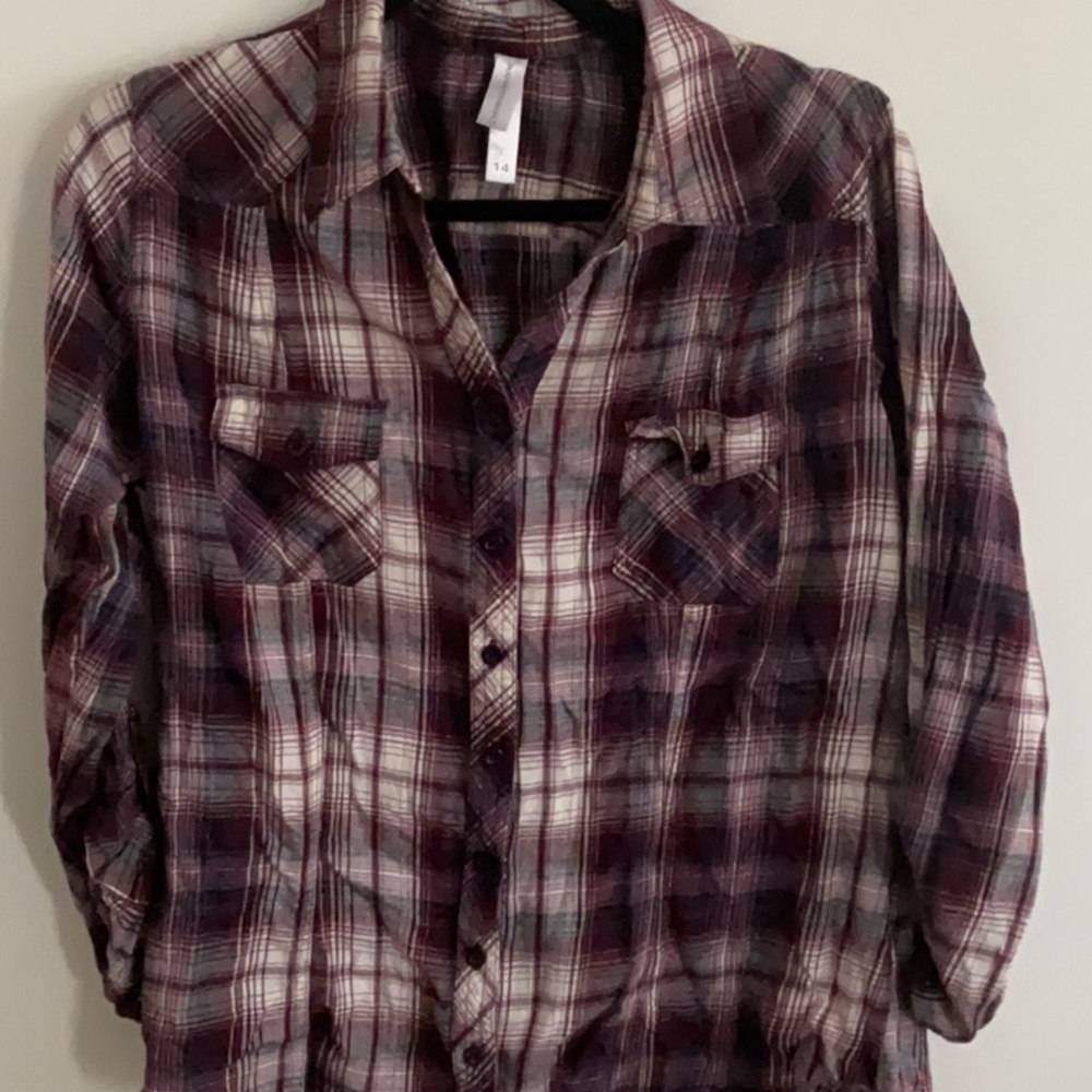 Warehouse Red and Black Button Down Shirt 3/4 Sleeve Relaxed Fit